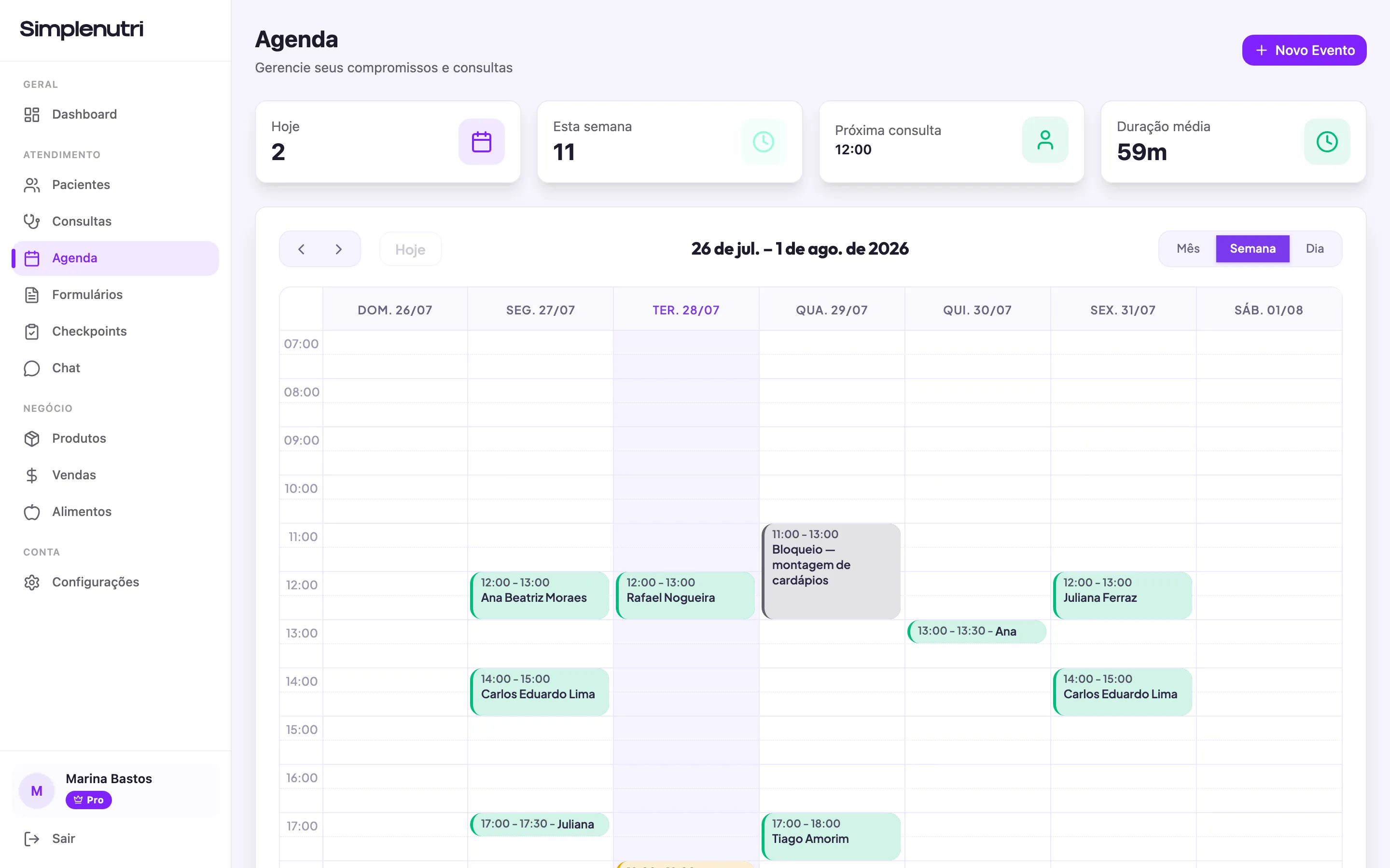 A visualização Semana, com as consultas em verde e um bloqueio em cinza