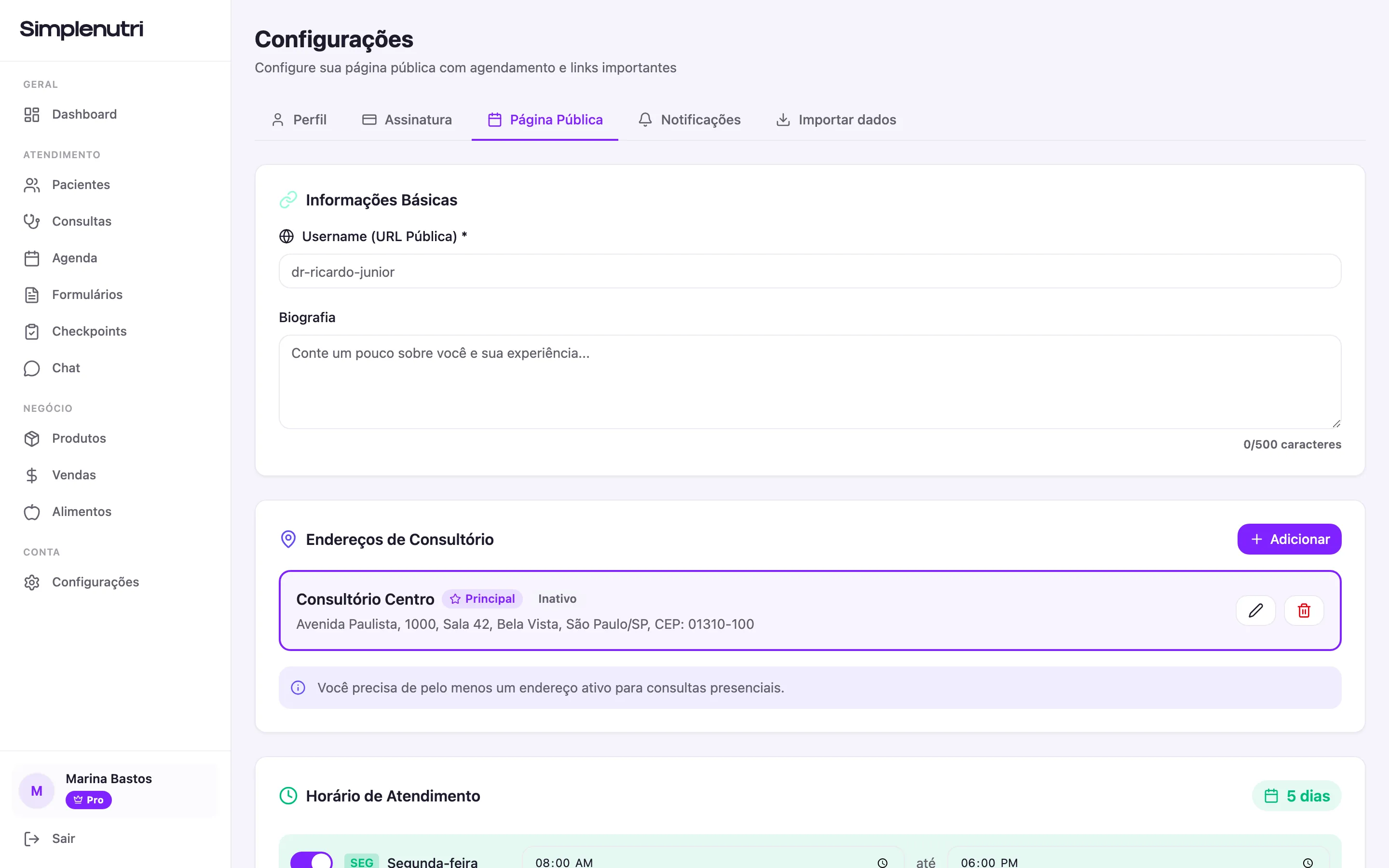 A aba Página Pública, com o username, a biografia e os endereços de consultório