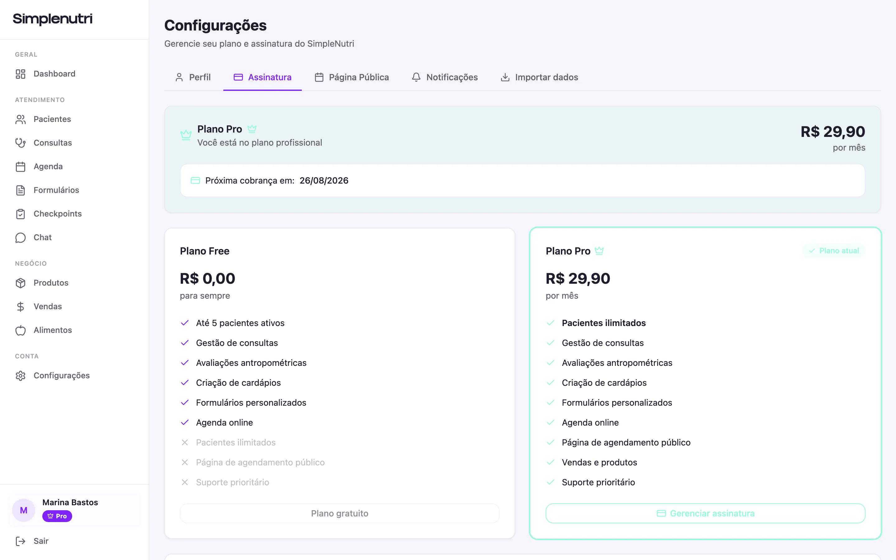 A aba Assinatura numa conta Pro, com o bloco do plano atual em cima e o comparativo entre Free e Pro embaixo