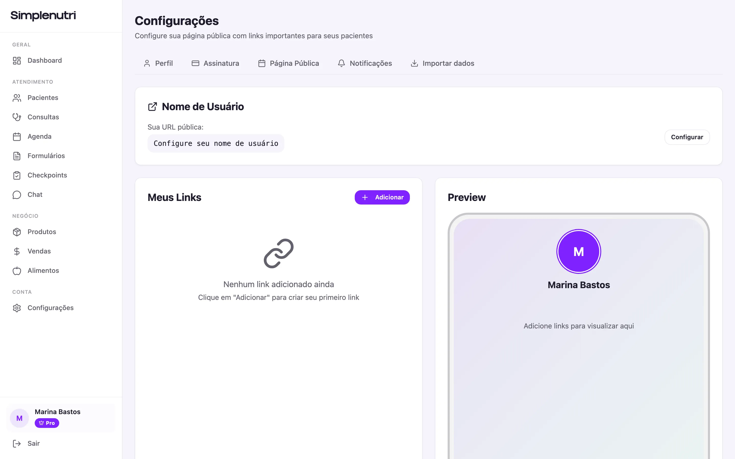 A tela aberta antes de qualquer configuração, com o nome de usuário ainda por definir