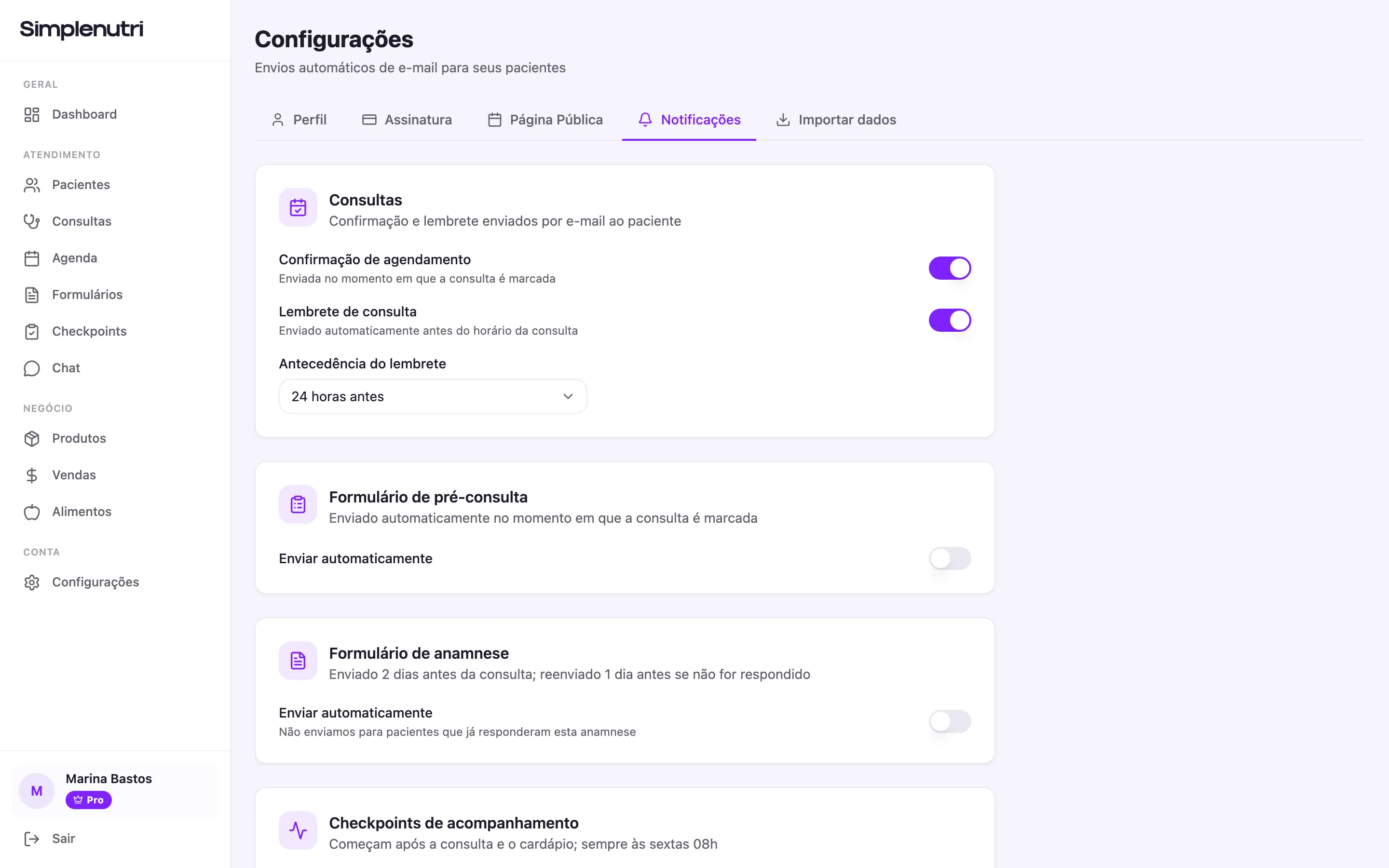 Os interruptores dos envios automáticos, com confirmação e lembrete já ligados de fábrica