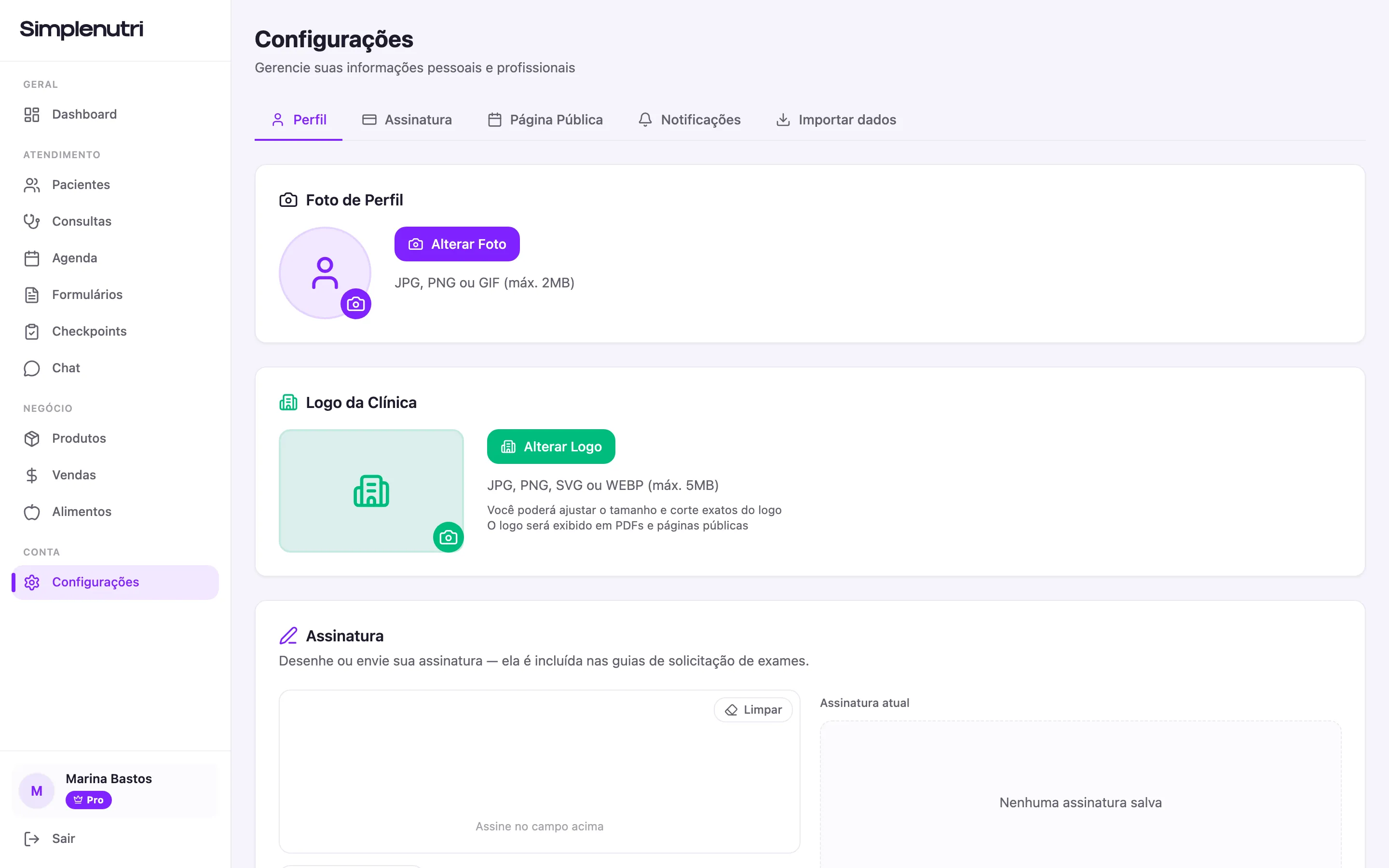 A aba Perfil aberta em Configurações, com a barra de abas e os primeiros blocos da página